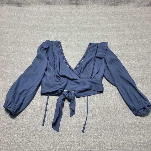 Paper Crane Wrap Top Womens Small Navy Blue Long Sleeve Ruffle Boho Blouse Tie - Picture 5 of 6